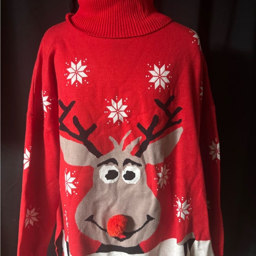 Festive Red Reindeer Turtleneck Sweater
